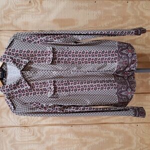 BCBGMaxazria Gray Pink Abstract Print Long Sleeve Snap Front Top Size XL